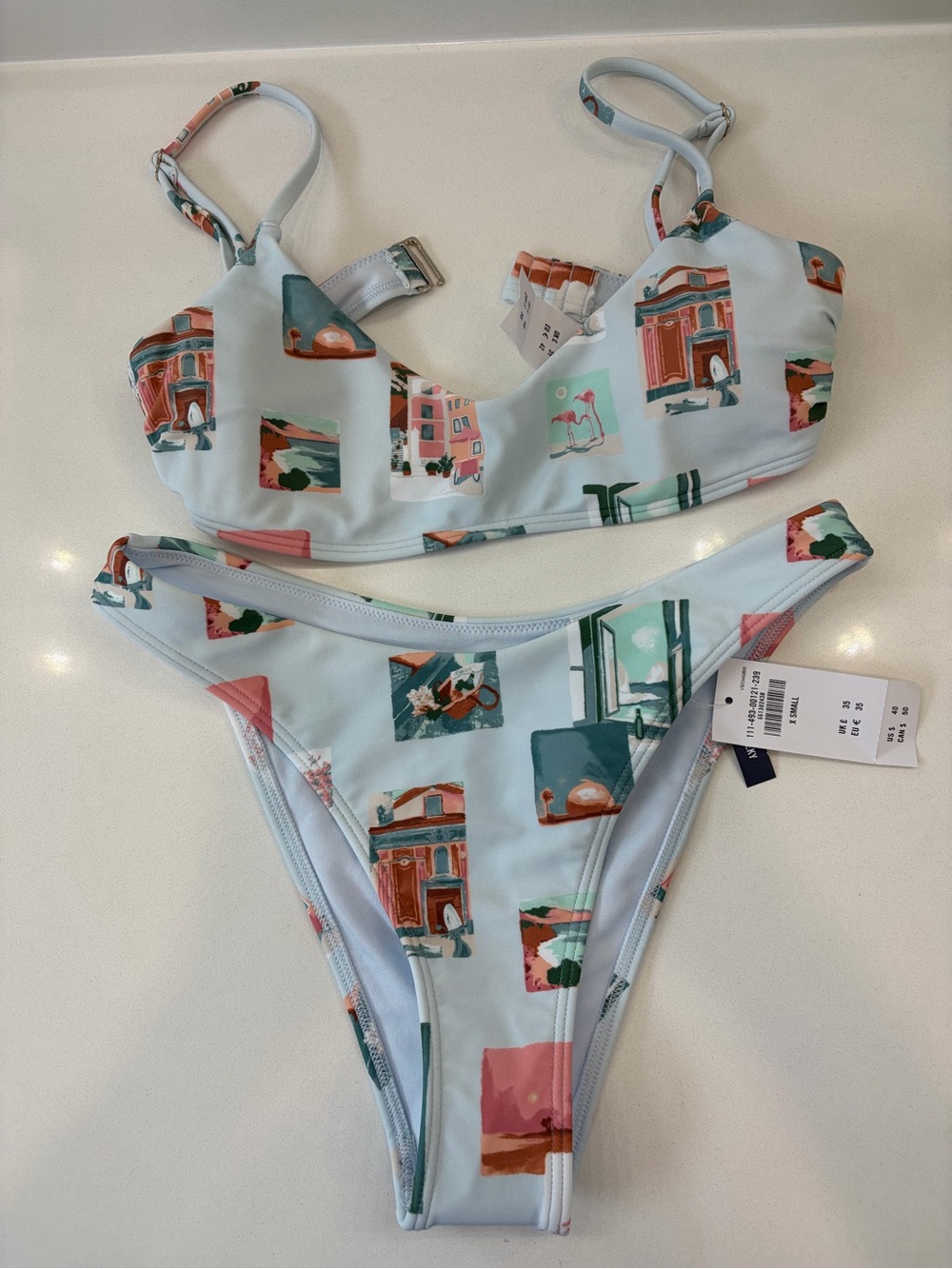 NWT Abercrombie & Fitch Light Blue Bikini with Pink, Green & Coral Prints